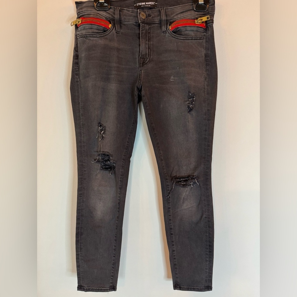 Etienne Marcel Distressed Grey Jeans w/ Red Zipper Detail – Size 29